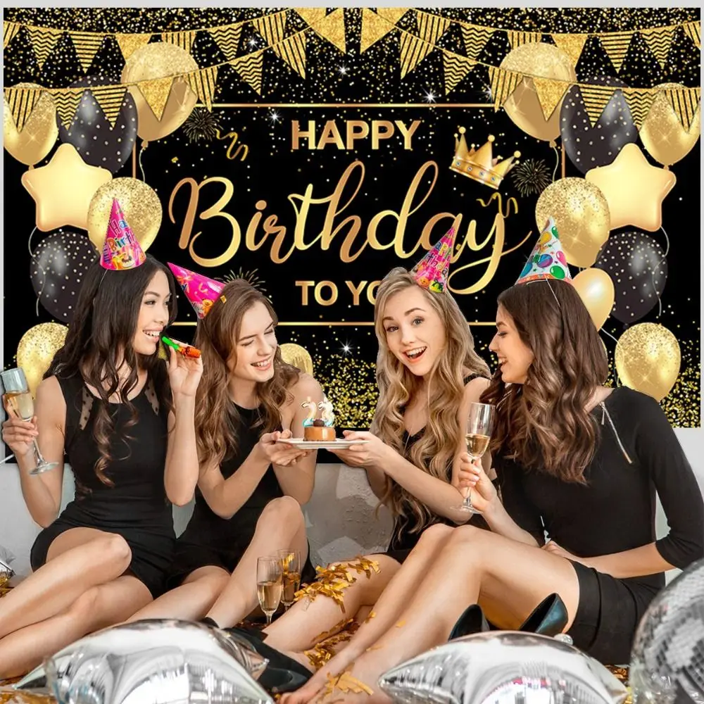 10th 100th Happy Birthday Photography Backdrop Glitter Celebrate Party Hanging Banner Polyester Black Gold