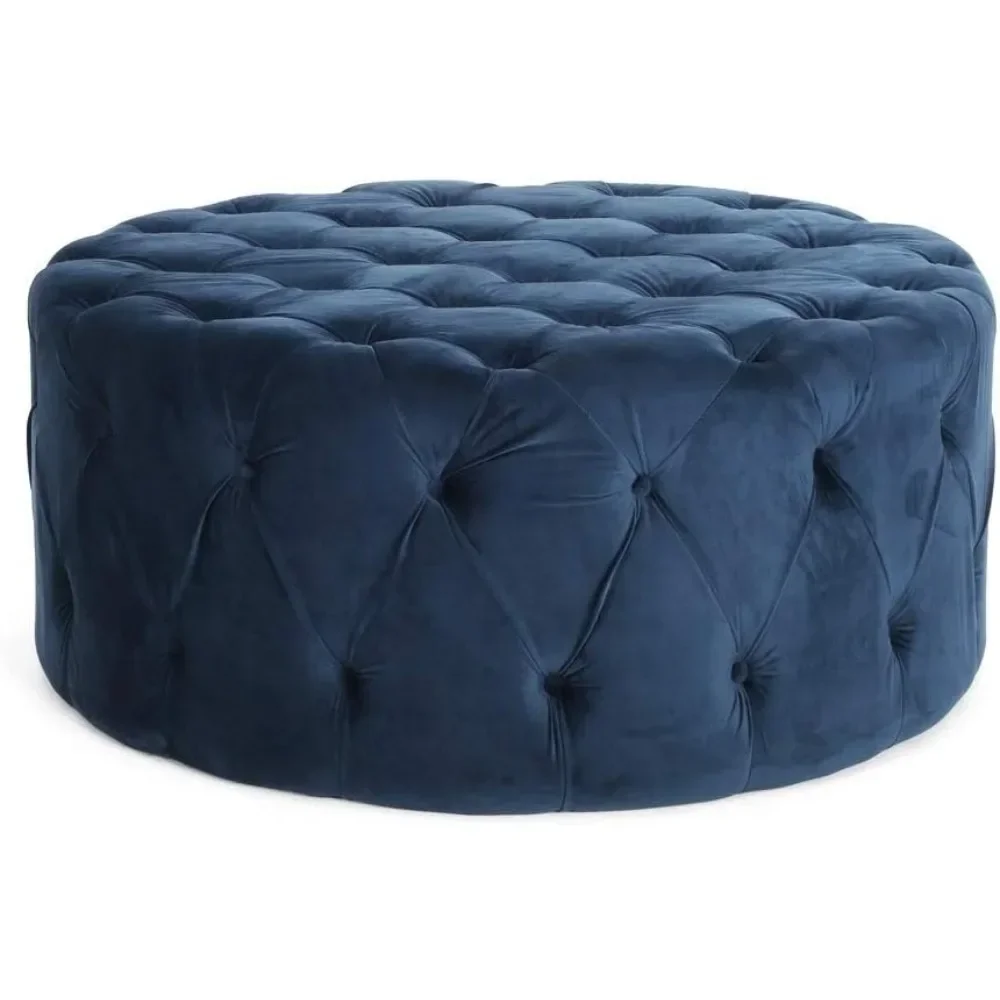 1 Piece Modern Contemporary Glam Round Ottoman Stool Button-Tufted Velvet Fabric Alternative Seating Blue Vanity Stool Diamo