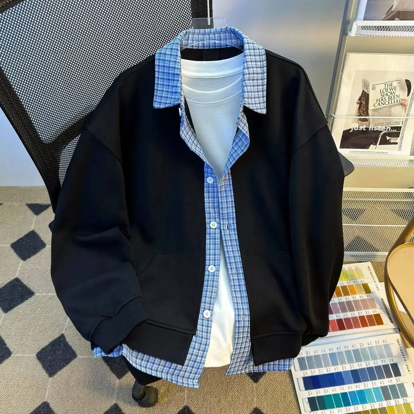 

American Plaid Patchwork Hoodie Cardigan Men's Casual Top Wear Resistant Splicing Autumn Season Street Style Loose Fit