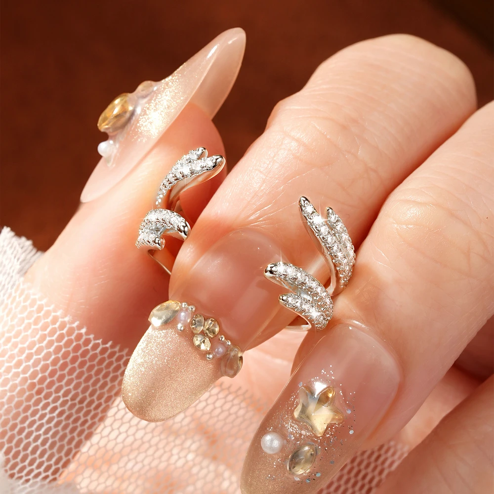 Abestecom Wing Shape Dainty Open Adjustable Ring Paved Moissanite Double Layer Split Band Rings Luxury Jewelry Gift For Women