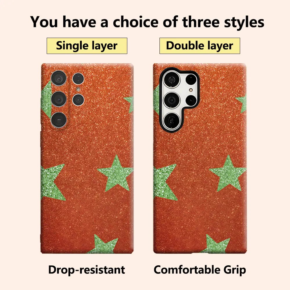Glitter Green Star Orange Base Luxury Fashion Full Lens Protective Case for Samsung Galaxy S26 S25 S24 A56 A36 Plus Ultra