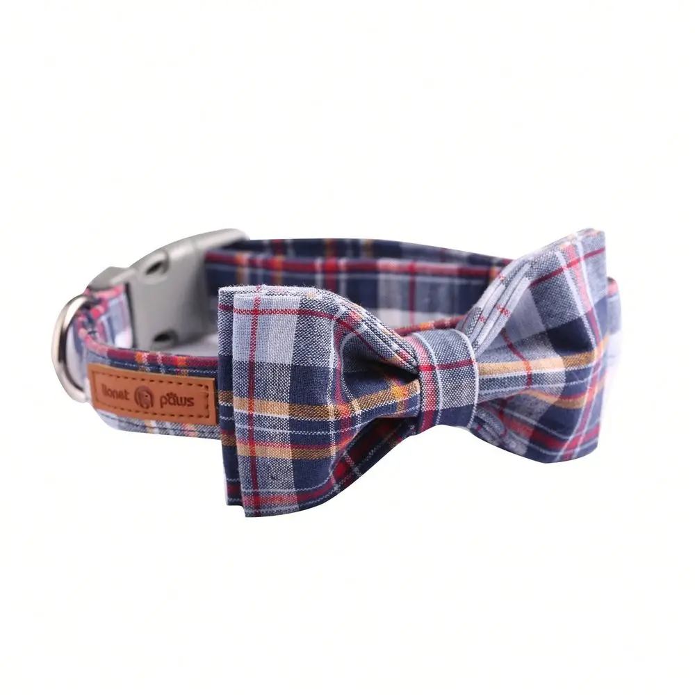 

Paws Grid Dog Collar With Detachable Bowtie Lightweight Adjustable Plastic Buckle Collar For Small, Medium Large Pets Dark Blue
