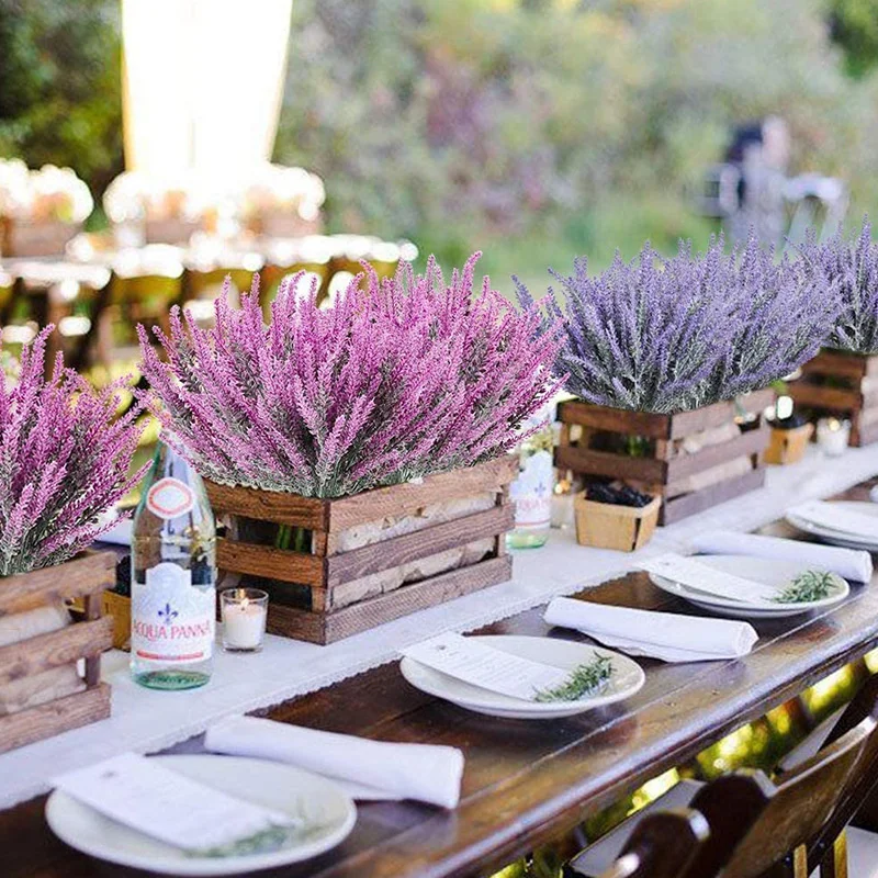 Artificial Flowers Flocked Plastic Lavender Bundle Fake Plants Wedding Bridle Bouquet Indoor Outdoor Home Kitchen Office Table