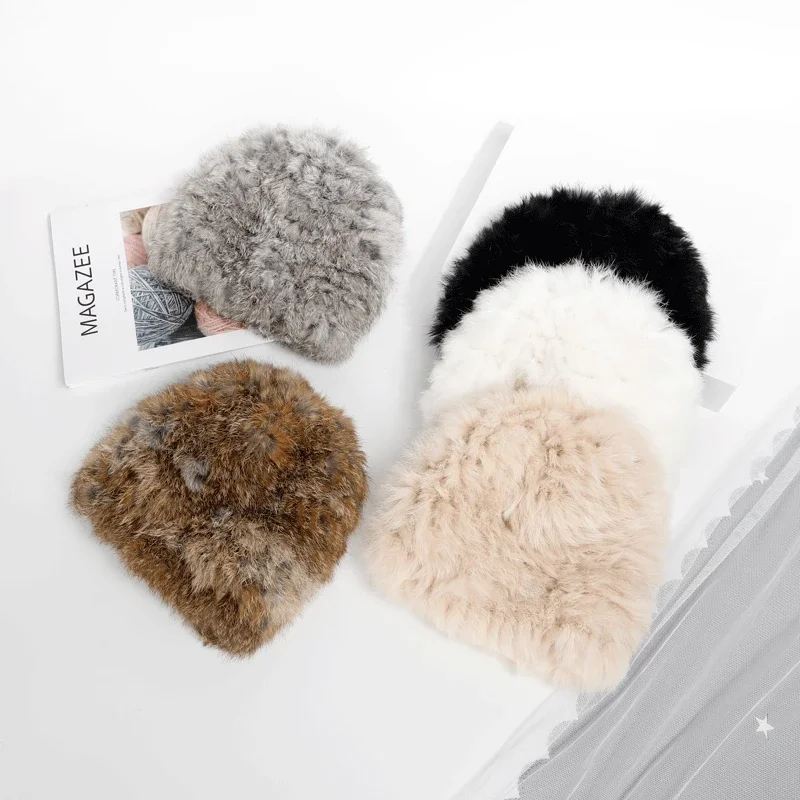 Women\'s Rabbit Fur Hat Thickened Warm Plush Real Rabbit Hair Baotou Hat Autumn and Winter Cold Protective Ear Cotton Cap Fur Hat