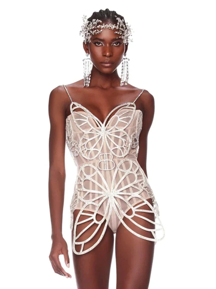 Body para mujer, bonito diseño de mariposa y cristal, malla Beige de retales, transpirable, ropa femenina de una pieza puesta en escena
