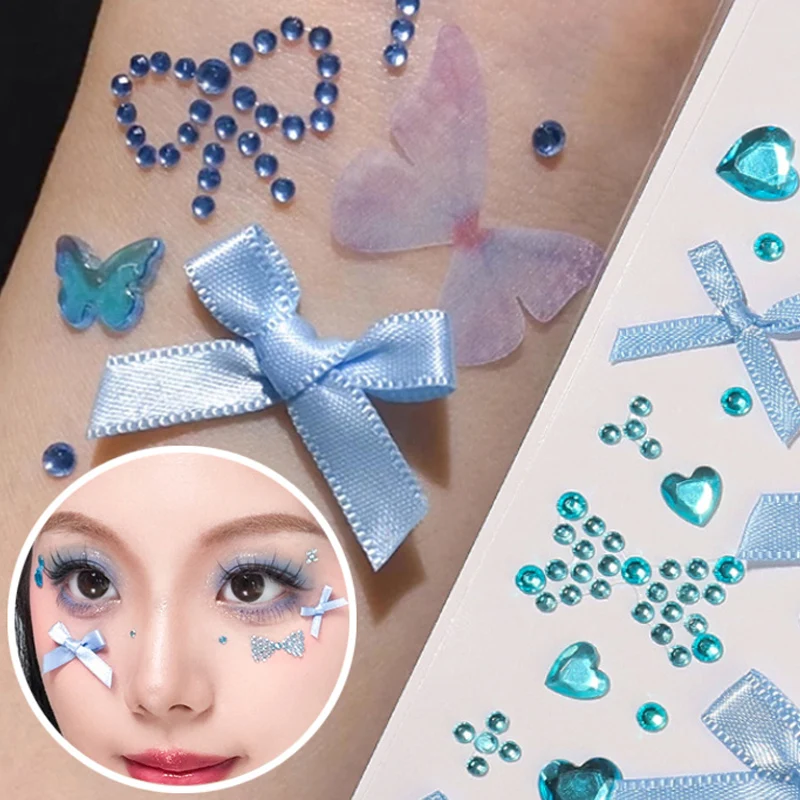 3D Ribbon Bow Rhinestone Face Stickers DIY Eyes Face Makeup Sticker Easy To Wear Jewelry Temporary Tattoo Stickers Makeup Decor