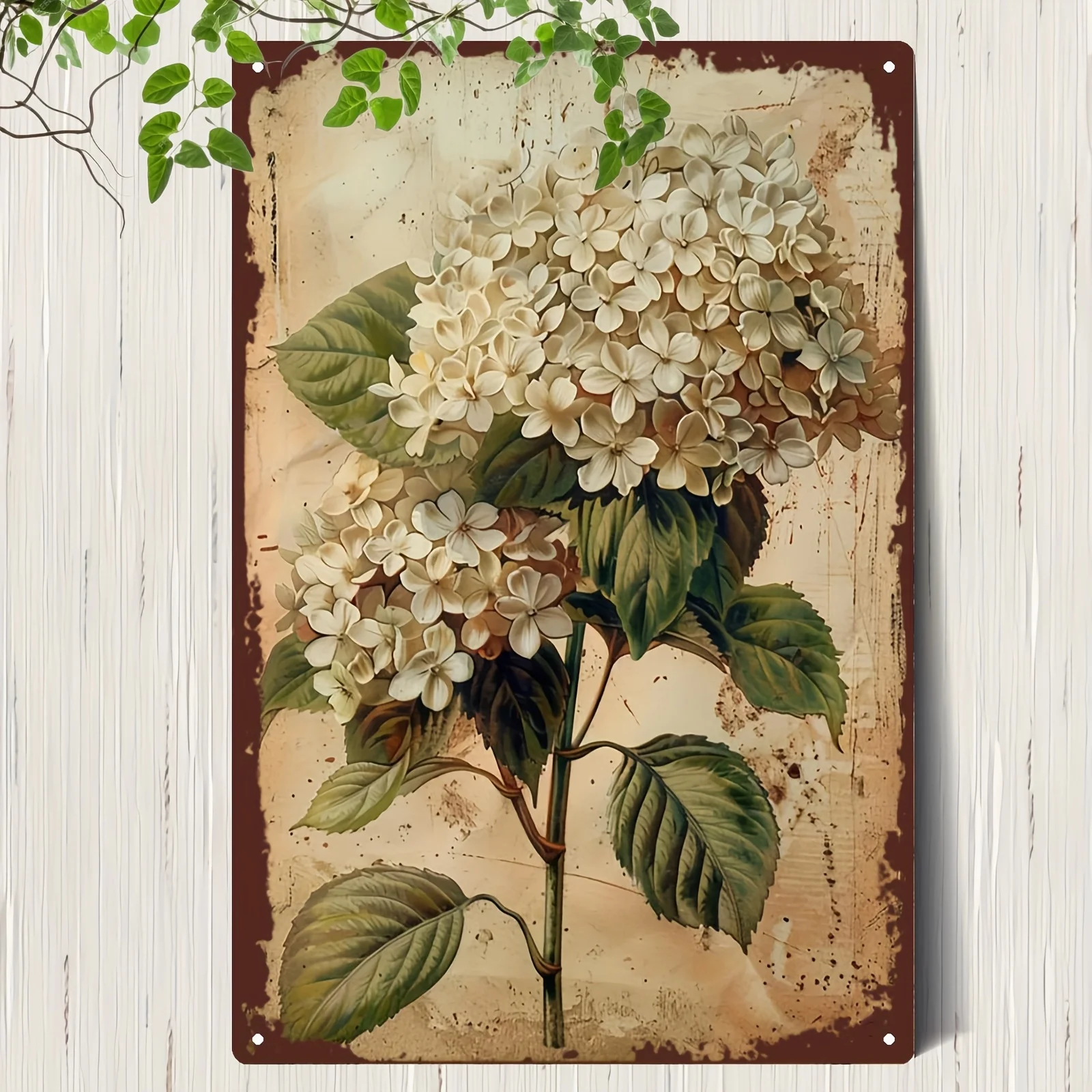 2D Flat, 1pc of 2D Metal Iron Sign. A 2D Tin Sign Featuring a Bouquet of Hydrangea Flowers with White Blooms and Lush Green Leav