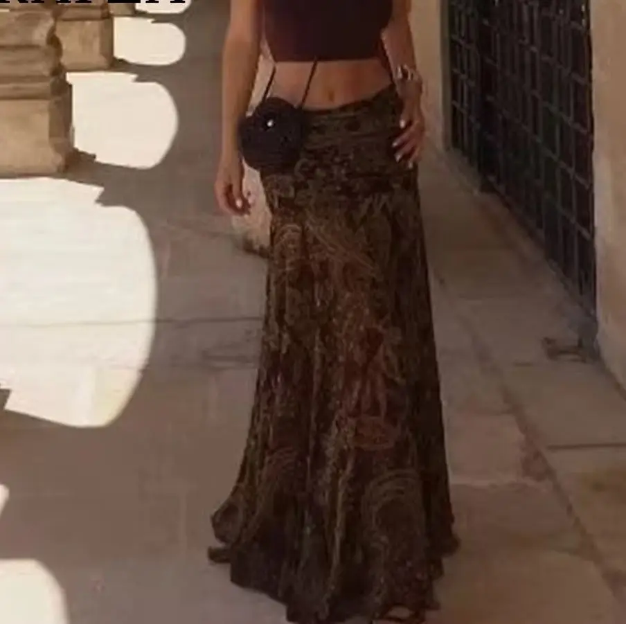 

KONDALA Vintage Print Brown Elegant Night Party Woman Long Skirt Fashion 2025 Autumn Modern Matured Birthday Pleated Fall Skirt