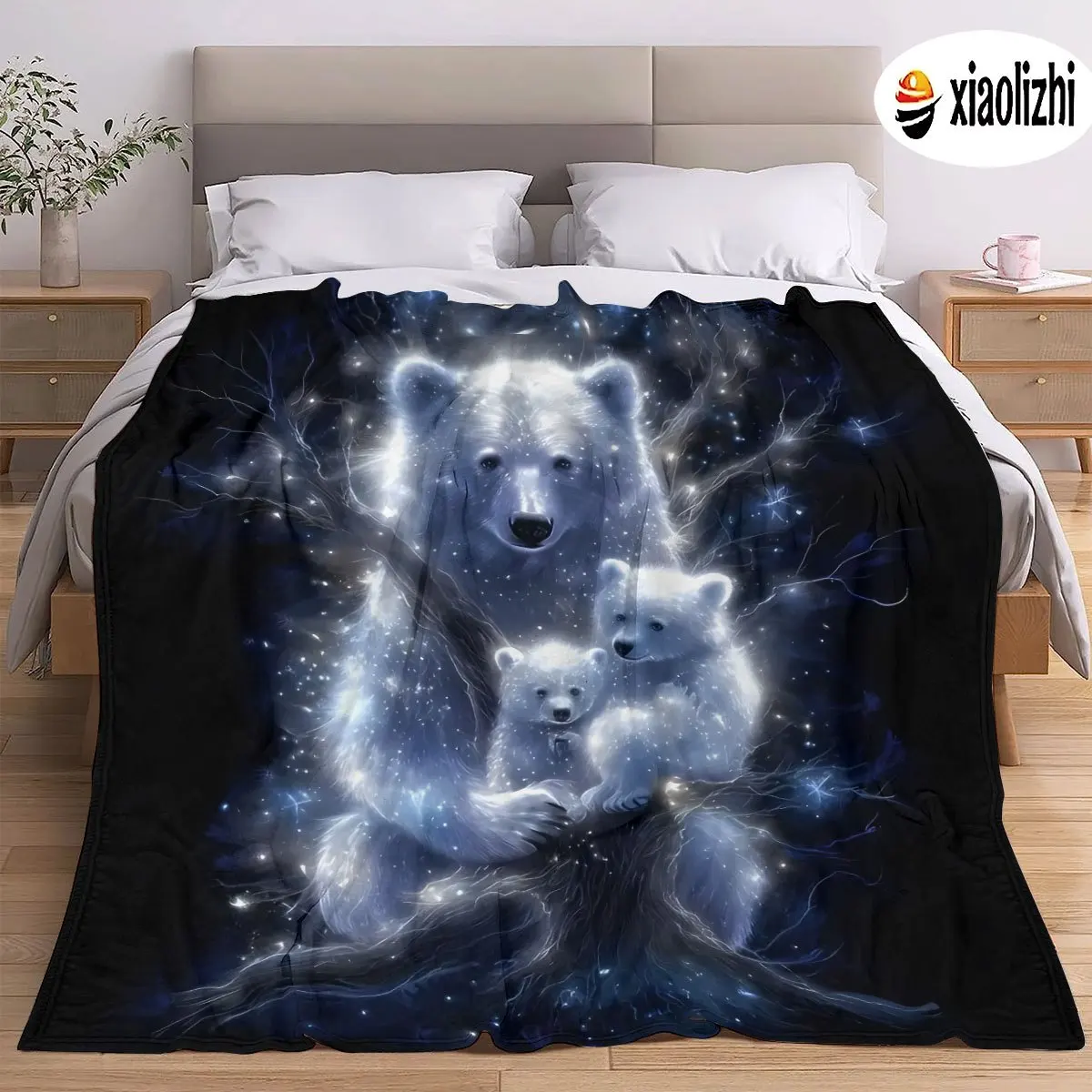 Luxury Galaxy Polar Bear Family Throw Blanket Cosmic Starry Night Fleece Bed Throw Winter Cozy Decorative Home Gift