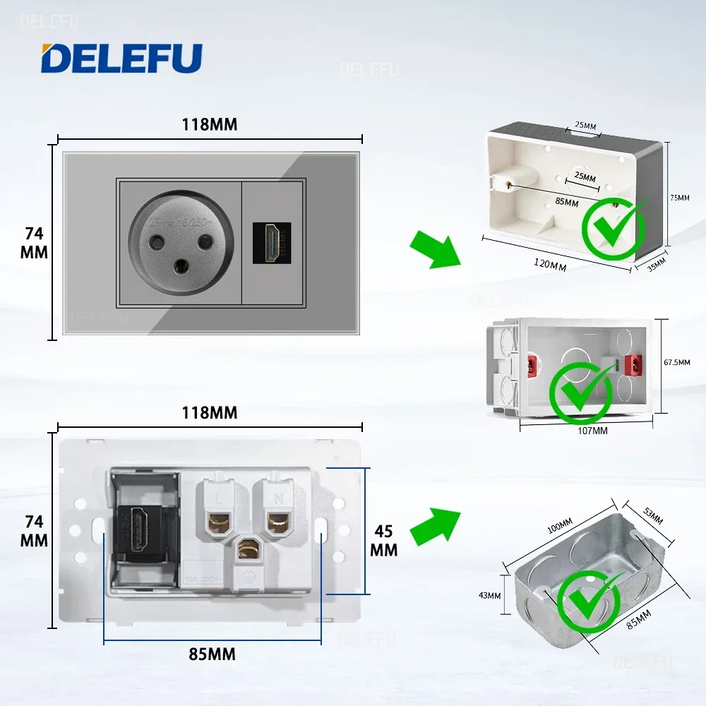 DELEFU Grey Tempered Glass Israel USB Type C Fast Charging Wall Socket Light Tuya Wifi Smart Switch Sat TV Tel Doorbell Curtain