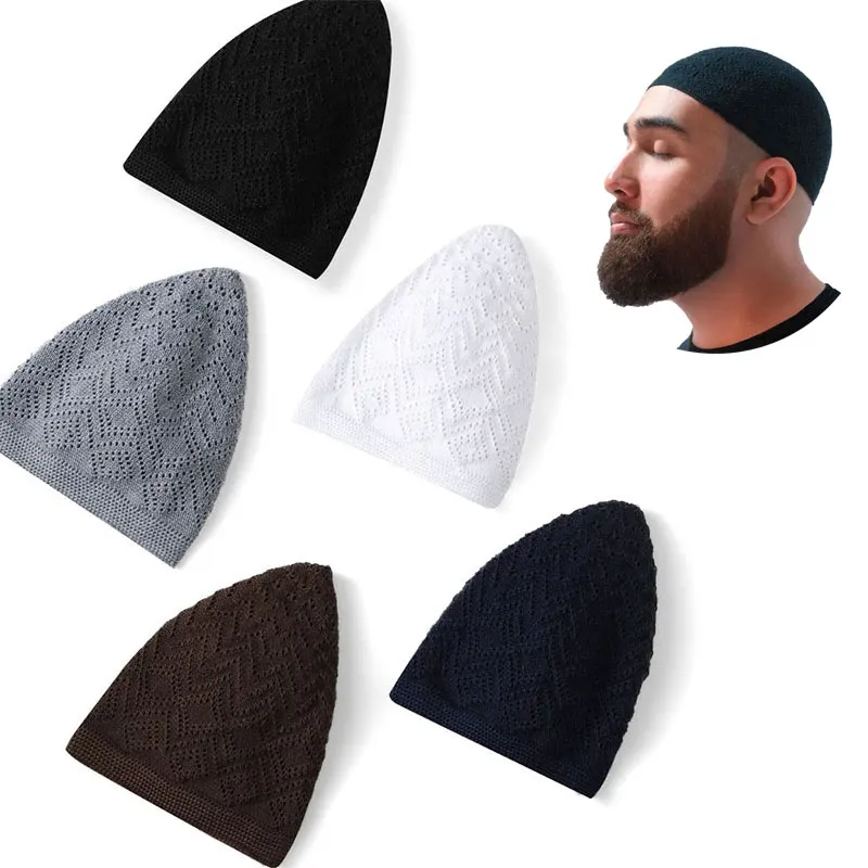 2024 New Muslim Men Knitted Prayer Hat Türkiye Style National Cap Beanie Hats Saudi Arabia Black White Gray Knit Male Skull Cap