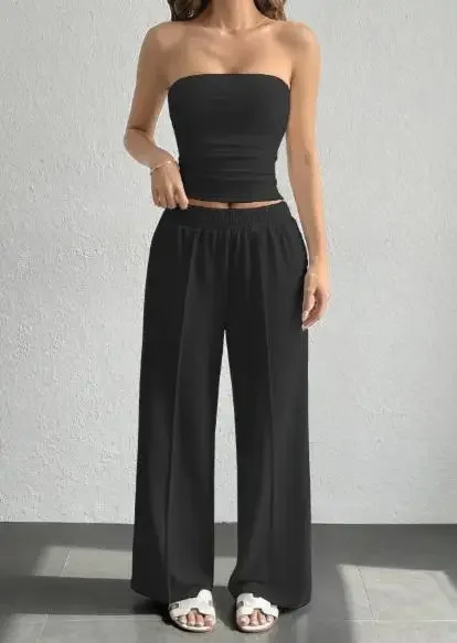 

2-Piece Pants Set for 2026 Summer Women's Vacation Style Strapless Vest Top, Casual and Wide Leg Pants Set