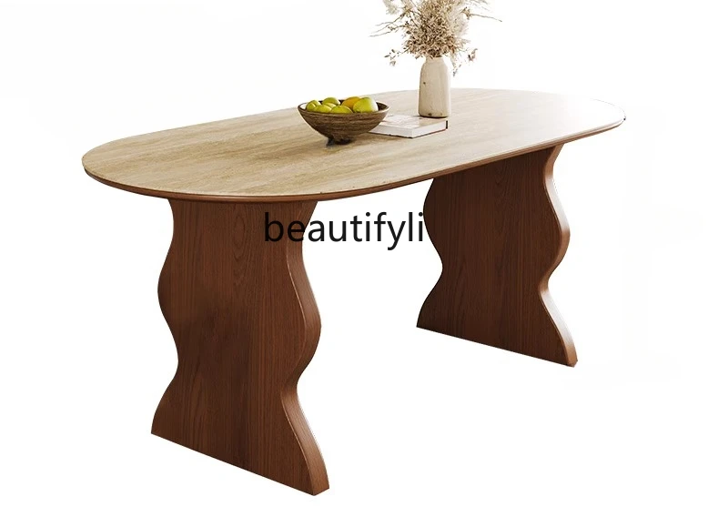 Retro solid wood rock slab dining table rectangular household dining table  modern and simple