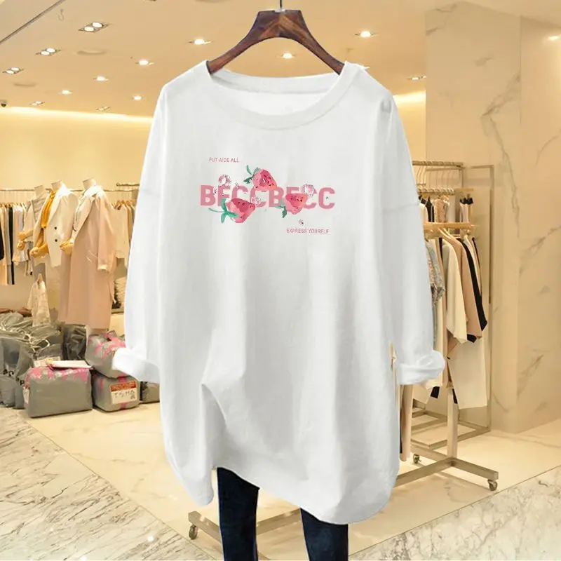 Women Clothing Chic Strawberry Printing Basic T-shirt Spring Autumn Casual Loose O-neck Long Sleeve Pure Cotton Top Tee 35-100Kg