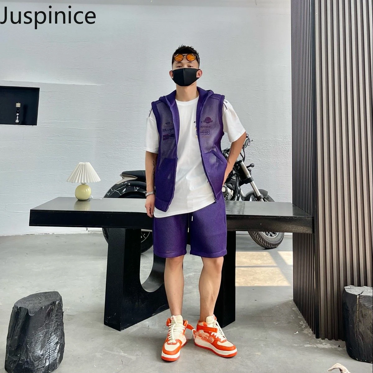 

Fashion Breathable Hollow Hooded Vest Shorts Men's Colorful Loose Casual Simple Personalized Tops Five-point Pants Male Clothes