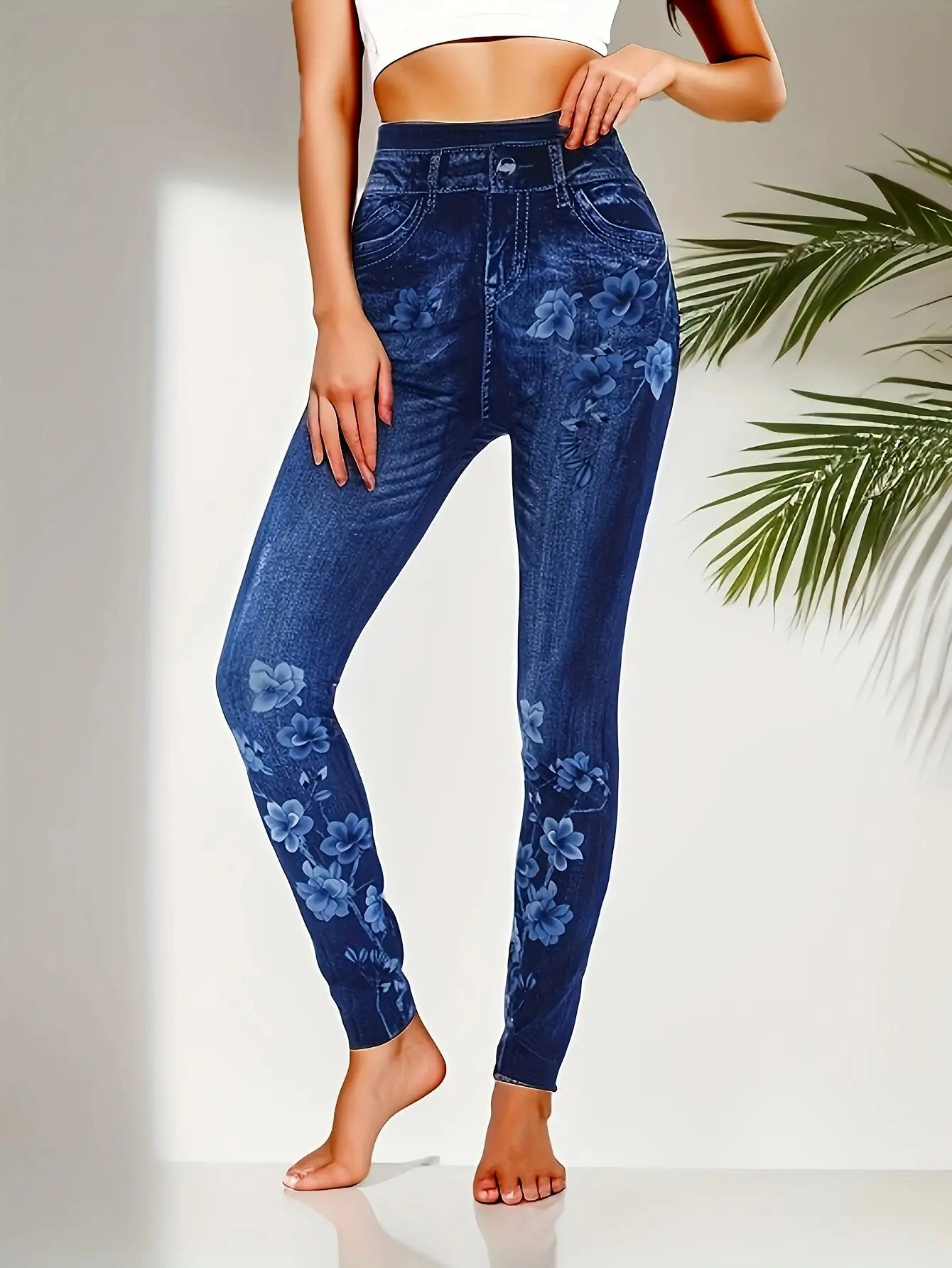 CUHAKCI Directed European and American Style Middle Eastern Fashion Imitation Denim Bottom Pants Fake Pockets Blue Flower Patter