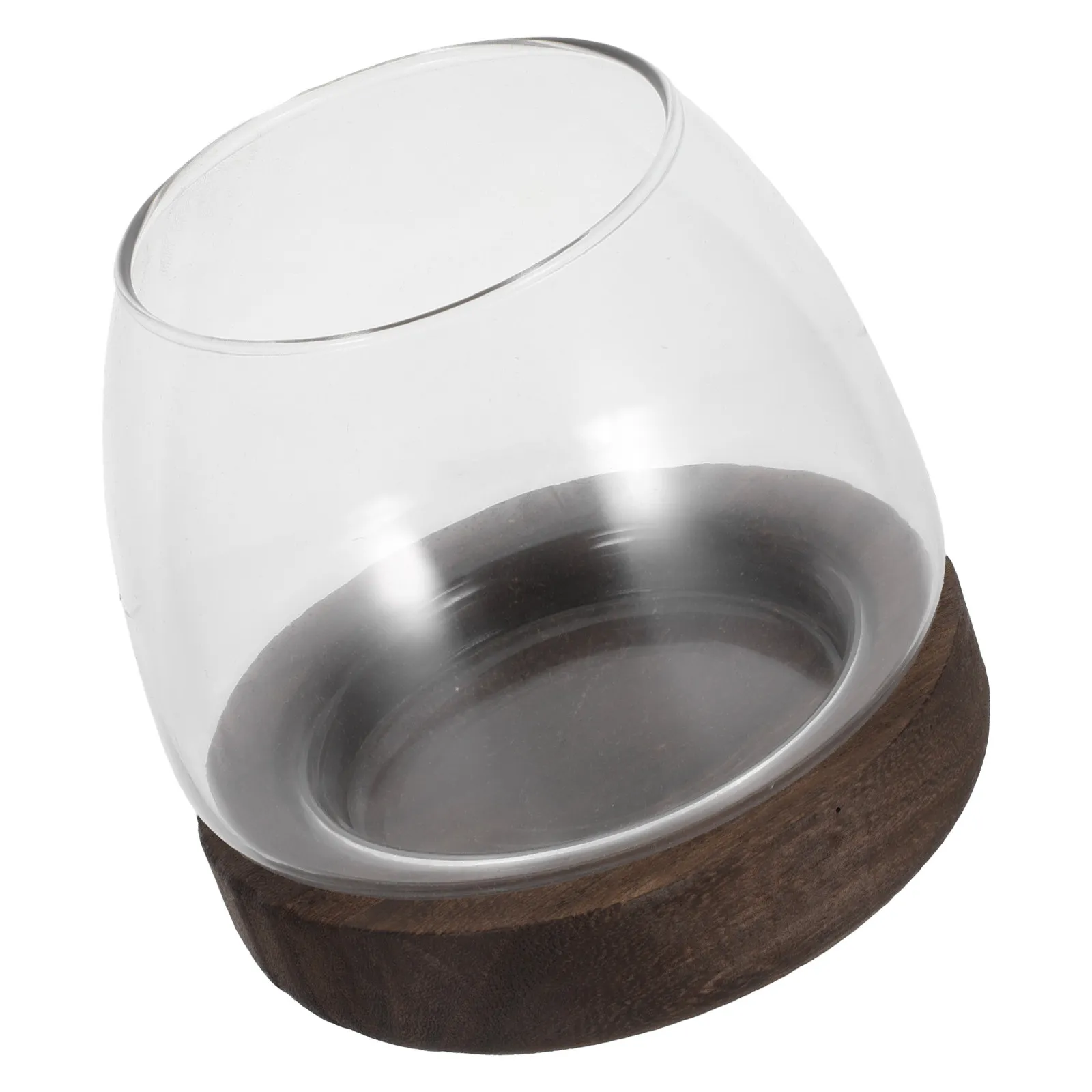Glass Hydroponic Plant Terrarium Small Round Fish Bowl Wood Base Tabletop Aquarium Clear Vase Planter for Propagation Home