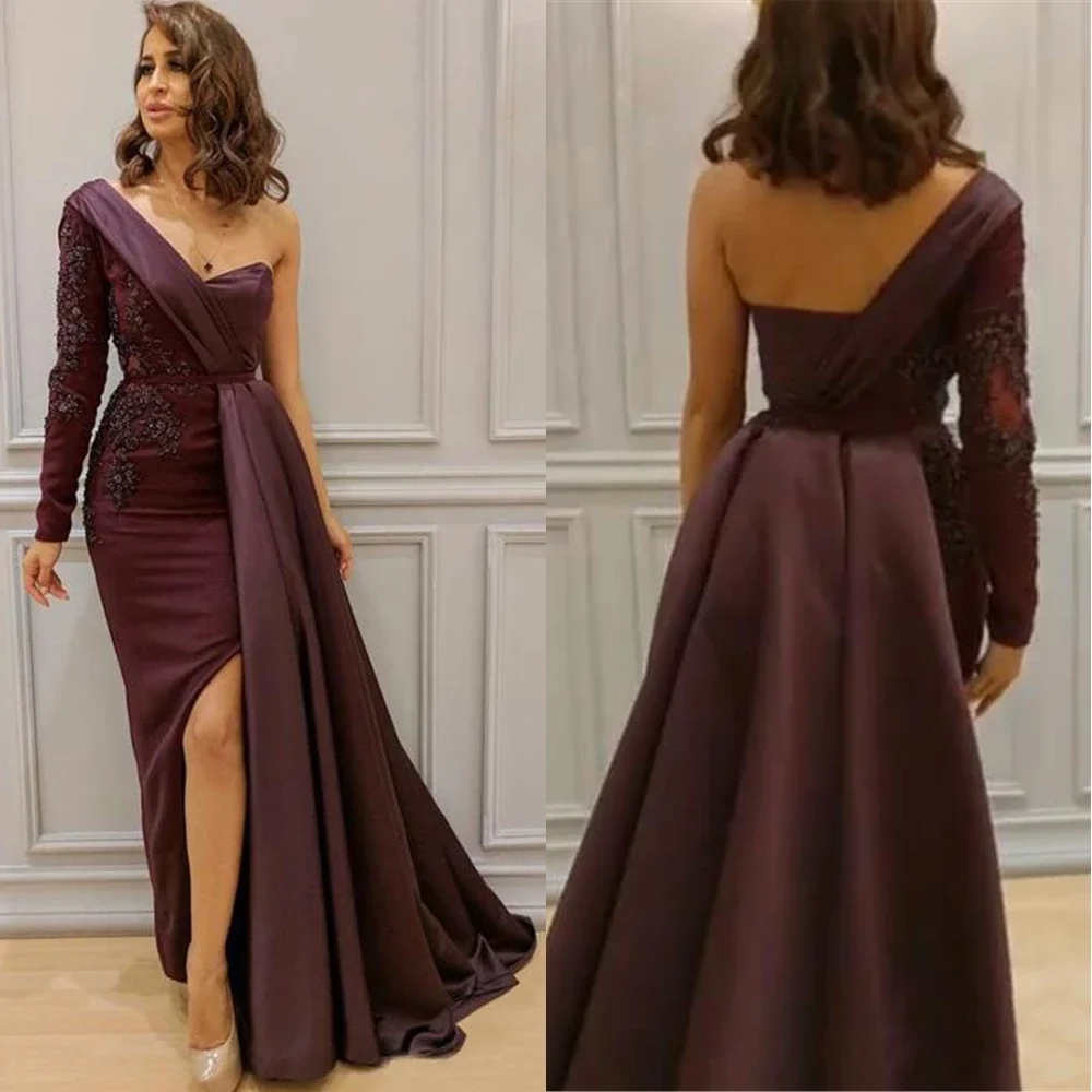 

MYYBLE 2021 Elegant Satin Mermaid Evening Dress One Shoulder Appliques Formal Gowns Backless Long Sleeves Lace Party Dresses