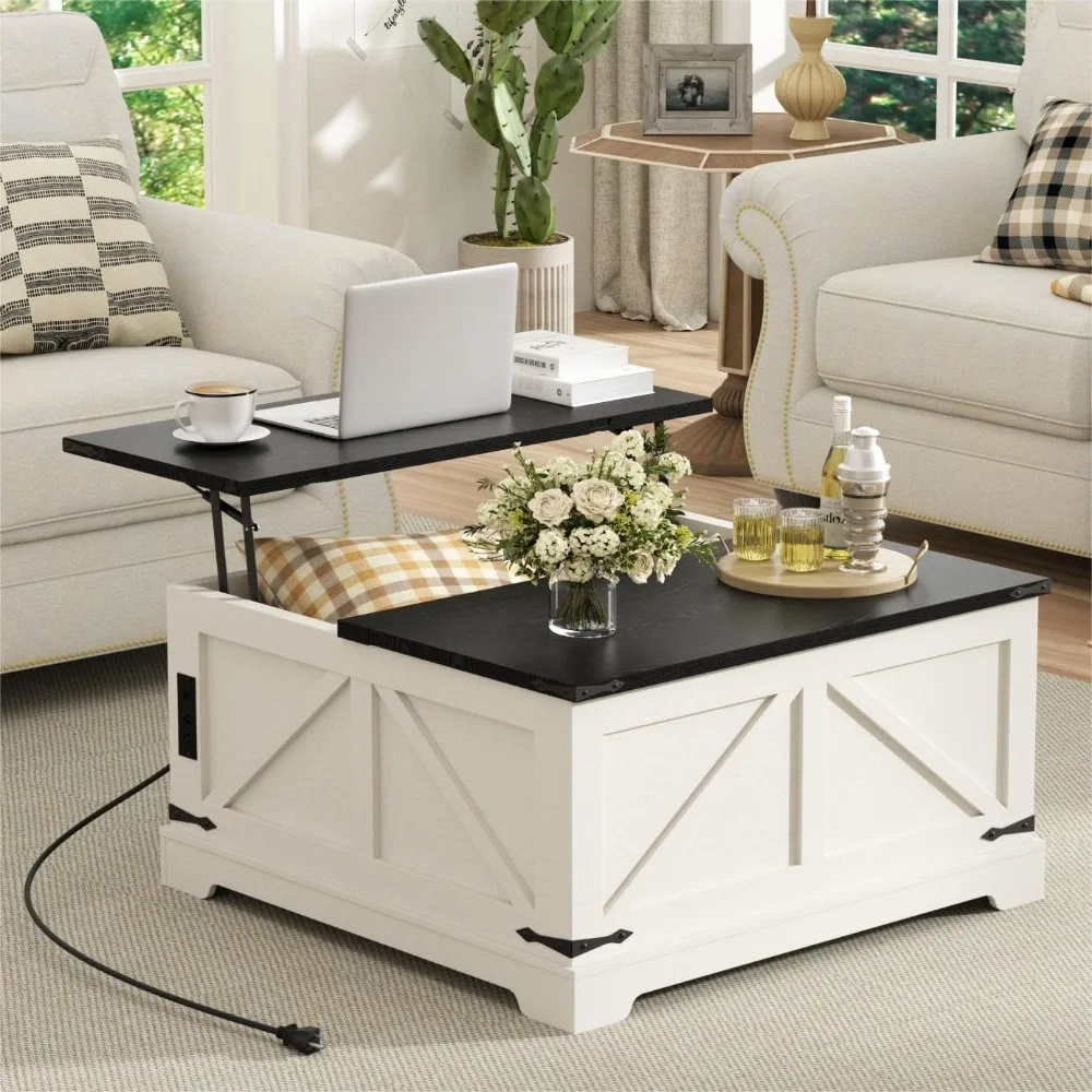 

Coffee Table with Storage, 31.5" W Farmhouse Lift Top Wood Square Center Table with Charging Station, Rustic Cocktail Tables