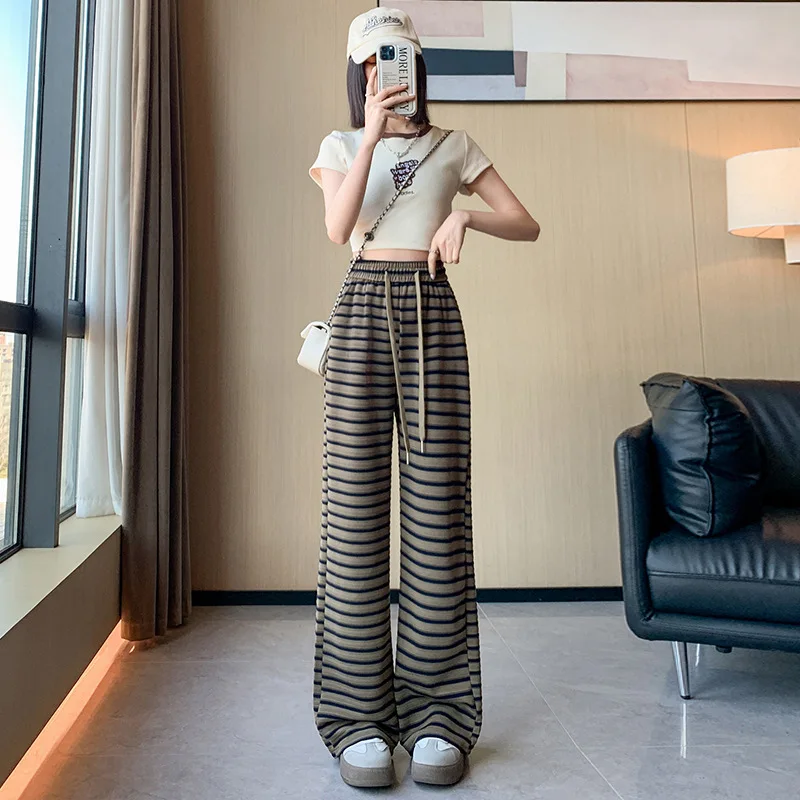 Summer Elegant Fashion Korean Style Women's Clothing Striped Knitting Retro High Waist Loose Casual Drawstring STRAIGHT Pants