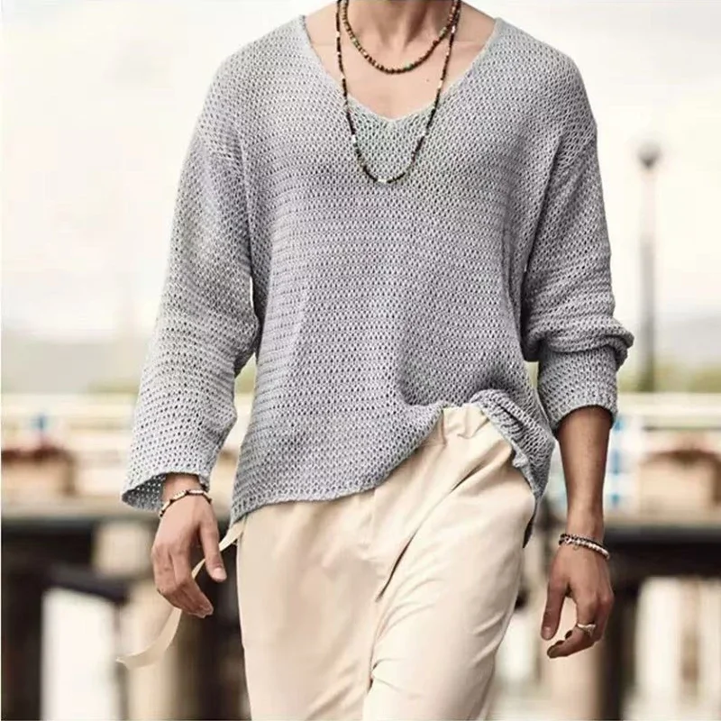 Men's Loose Long Sleeve Casual Hollow Knitted Sweater 2025 Fashion Versatile Outer Shirt Casual Top