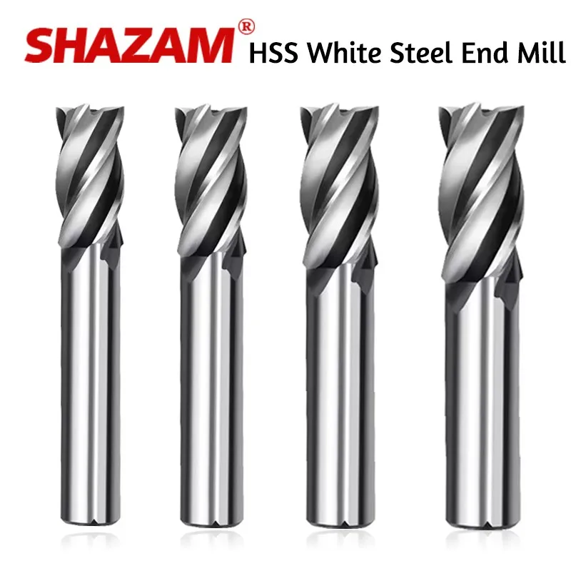 SHAZAM HSS 4-Flutes High Hardness White Steel Straight Shank End Mill For CNC Machine Tools Metal Processing Milling Cutter