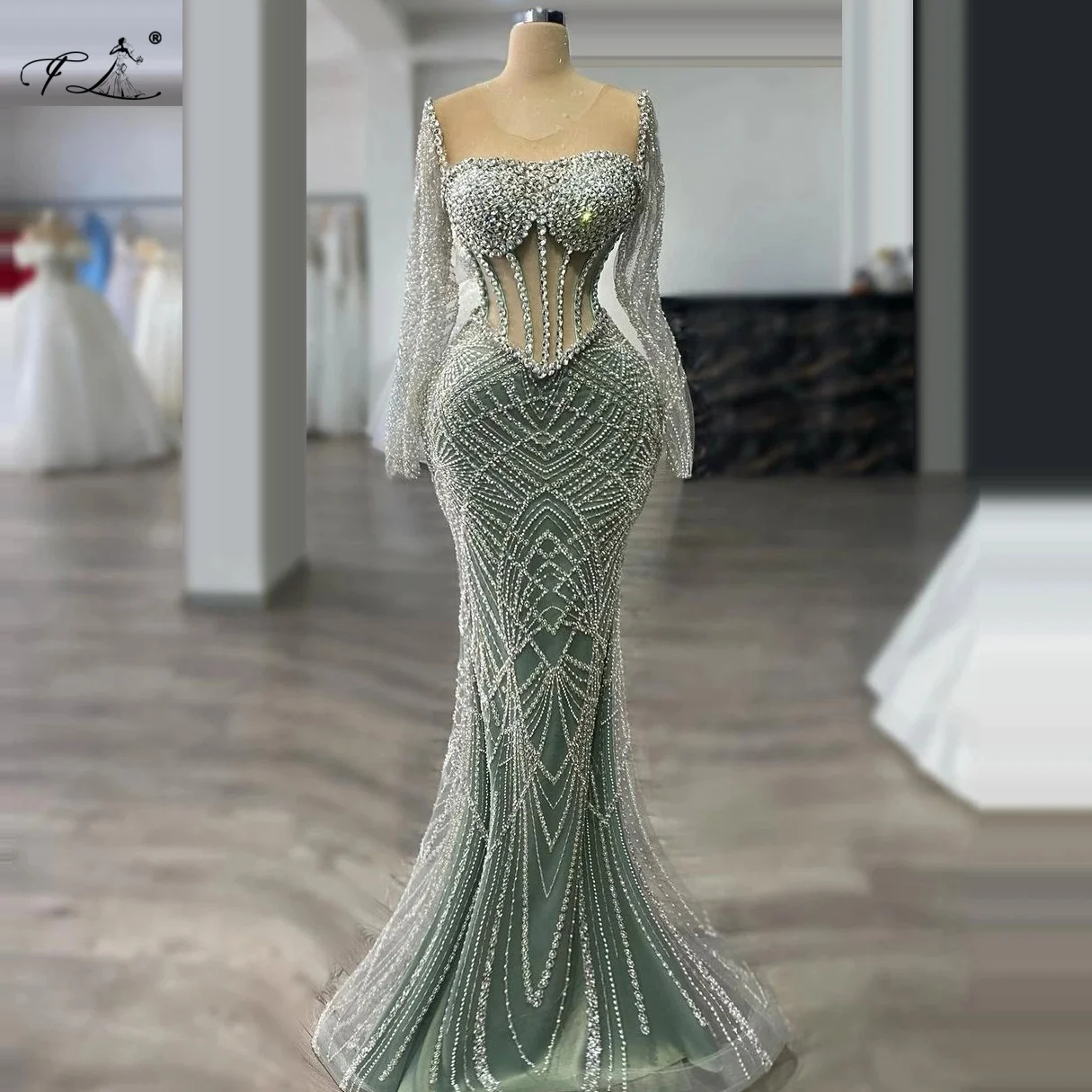 

Illusion Neck Full Sleeve Mermaid Beaded Crystals Pearl Embellished Formal Evening Dresses for Women 2024 Elegant Classy