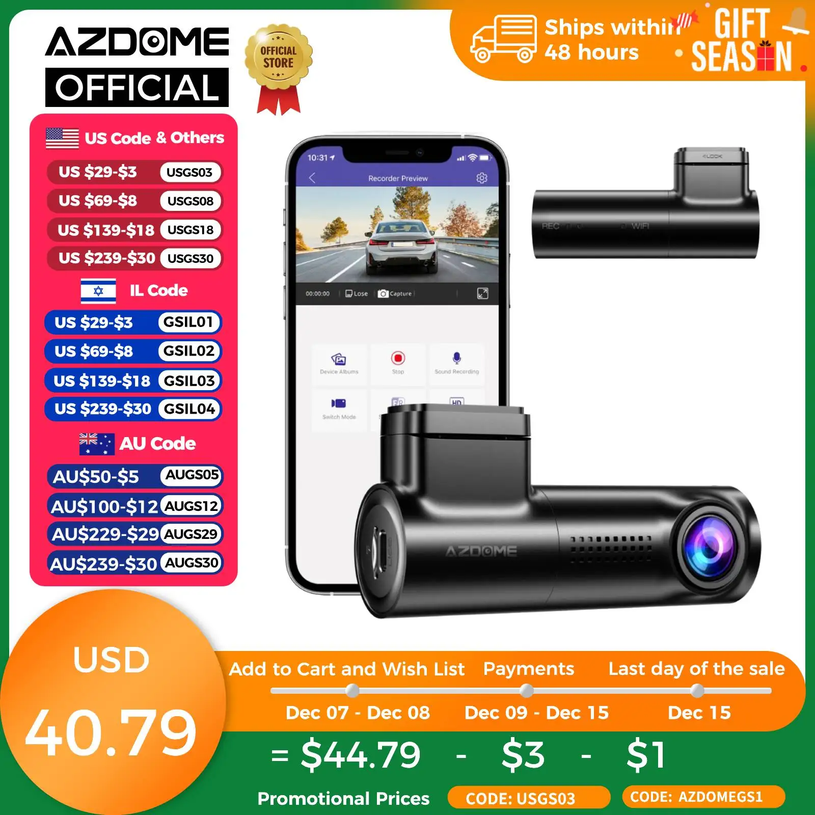 AZDOME M300 Dash Cam 1296P Car DVR Super Capacitor WiFi Dashcams Hidden Car Camera Night Vision G-Sensor 24H Parking Monitor