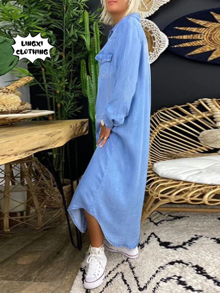2024 Fashionable and Elegant Denim Long Dress New Poio Collar Single Breasted Denim Casual Retro Large Size Long Dress
