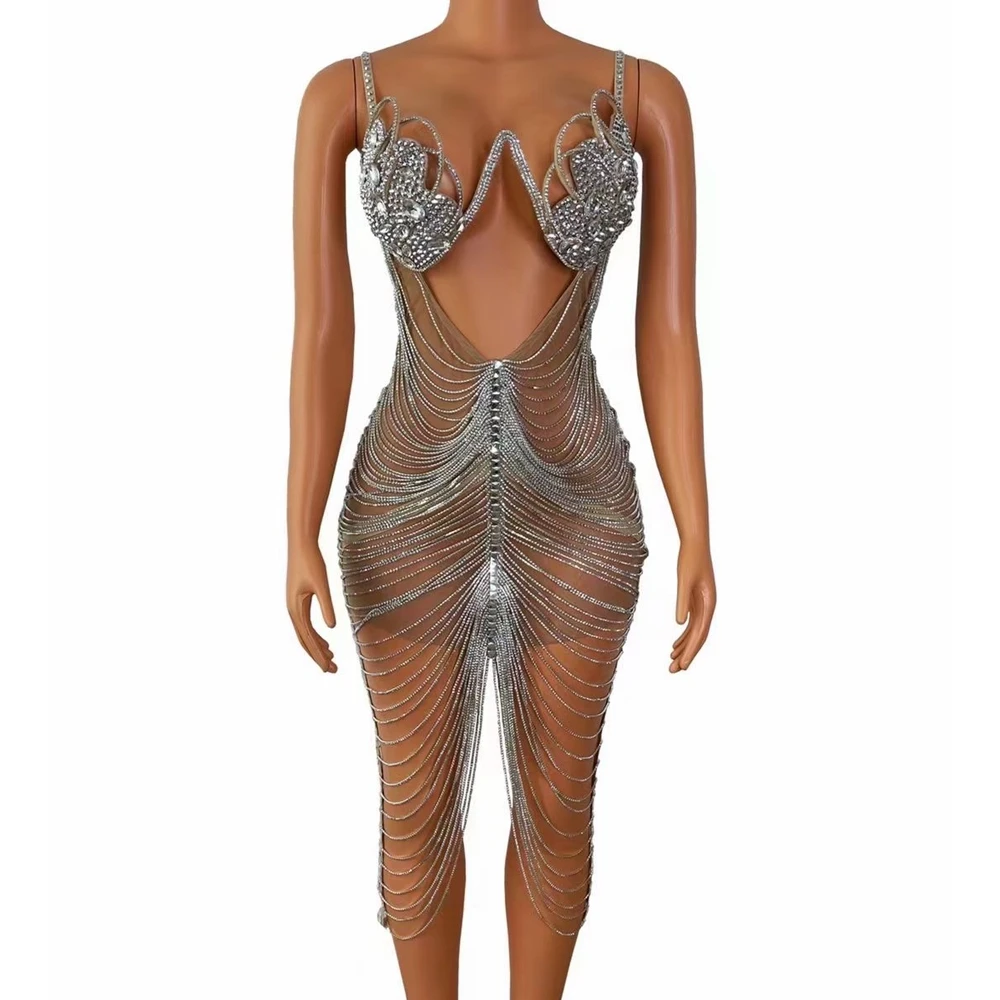 Luxe Zilveren Kristallen Kettingen Crystal Jurk Verjaardag Vieren Avond Prom Party Dress Sexy Prestaties Kostuum Stadium Slijtage