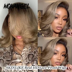 Peruca dianteira com renda para mulheres, perucas curtas Bob, loiro cinza, raízes escuras, peruca ondulada colorida, onda corporal, cabelo humano, 13x4 HD