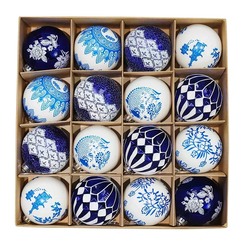 Hand-Painted Plastic Round Baubles, Xmas Tree Ornaments, Blue and White Porcelain, Festive Party Supplies, 2024, 8cm