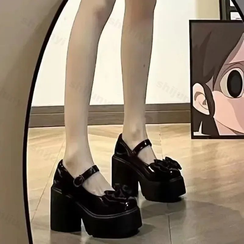 Platform Mary Jane Shoes 2024 New Women\'s Shoes Fashion Bowknot Thick Heel Pumps Trendy Street Lolita Shoes Round Toe High Heels