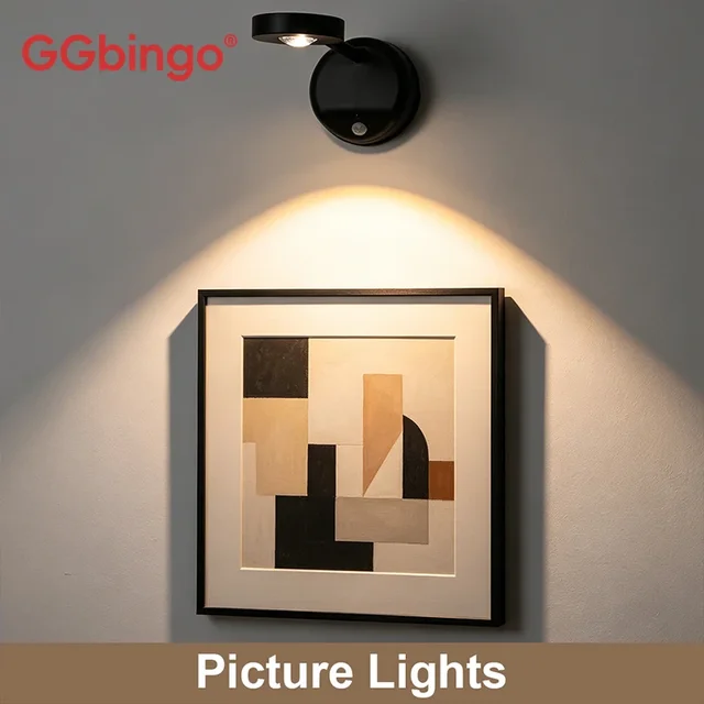 Luminária de Parede GGbingo com Sensor de Movimento LED, Refletor Recarregável USB Sem Fio, Lâmpada de Parede Regulável para Obras de Arte, Pinturas eIluminação de Quadros arandela luminaire applique murale apliques m