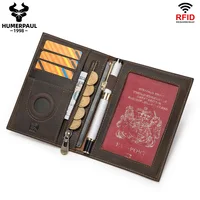 HUMERPAUL Wallt para pasaporte con AirTag para artículos esenciales de viaje, tarjetero RFID de cuero Crazy Horse, funda para bolígrafo, bolsa para dinero