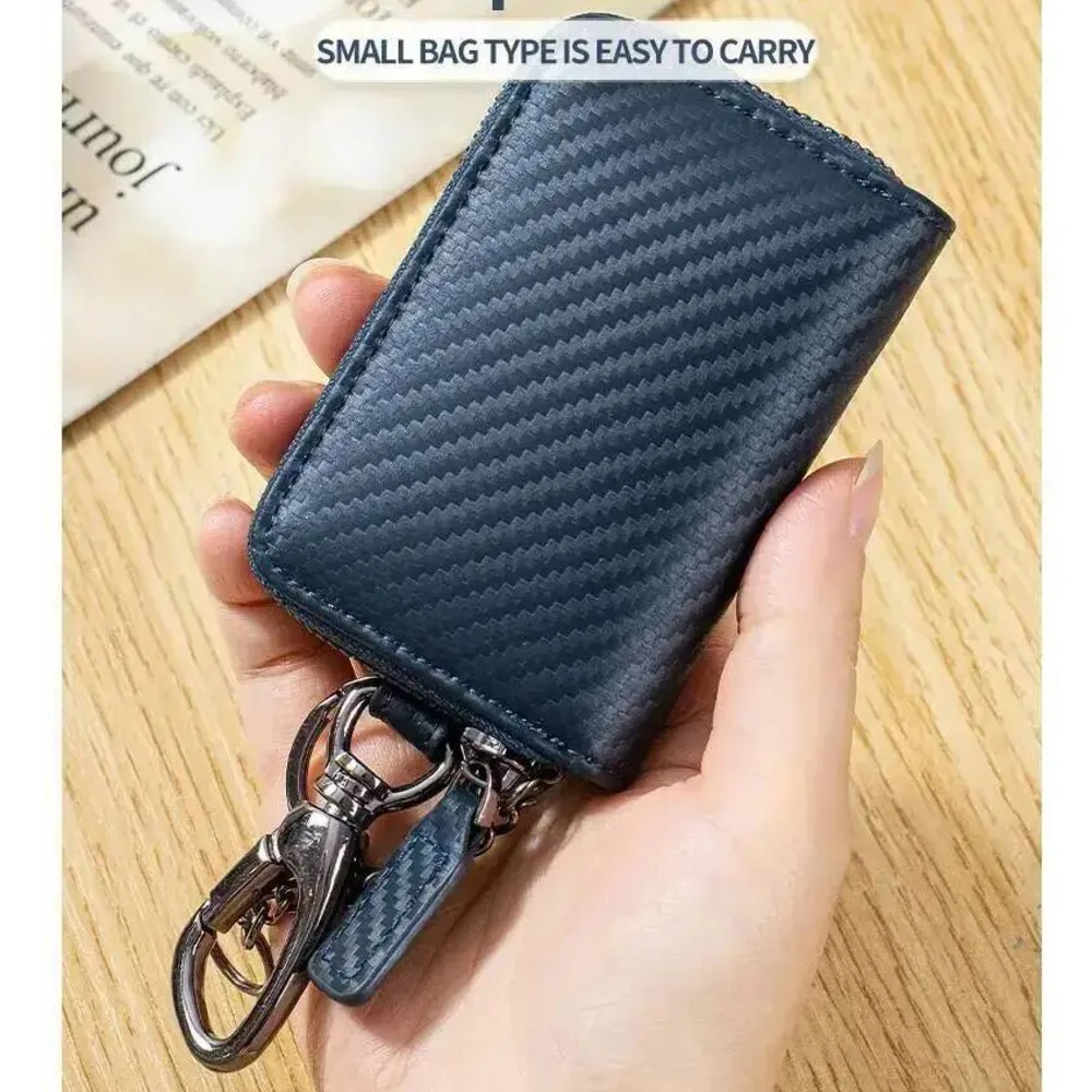Men Key Pocket Waist-Hanging Zipper Key Wallet Man Key Purse Car Key Holder Genuine Leather Men's Carbon Fiber Cowhide Key Bag