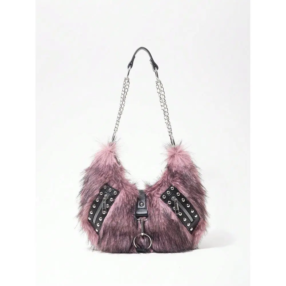

Grunge Punk Ladies, Women Shoulder Bag,Hobo Bag,Faux Fur,Fuzz,Plush Bag,Rivet,Fashionable,Personalized,Versatile,Street,Sweet A
