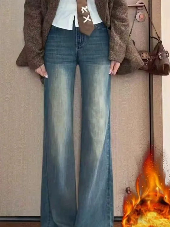 

Retro Fce Lined Thiened Casual Commuter Straight Leg Jeans Bell Bot Vintage Sle High Waist Cotton Polyester Blend