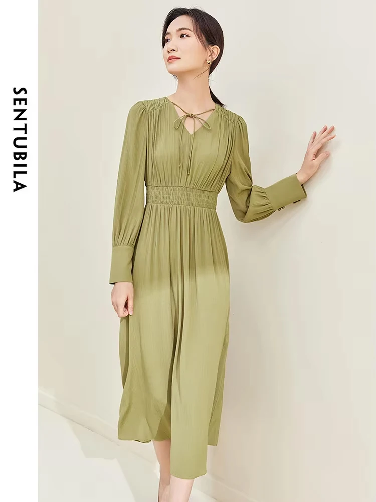 

SENTUBILA Casuals Dress Women Folds Autumn 2024 Large Fold Puff Sleeve Dress Bow Collar Solid Color Pleated Dresses 133L50839