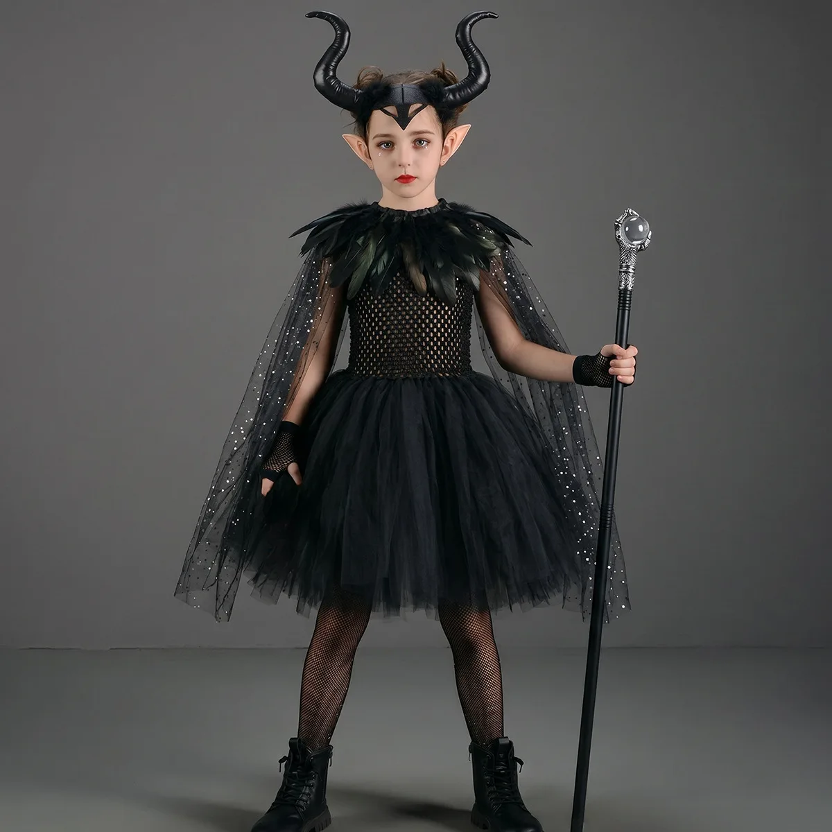 Children Black Dark Fairy Elegant Gothic Style Mesh Tutu Dress With Accessories Set For Halloween Carnival Party Masquerade Ball