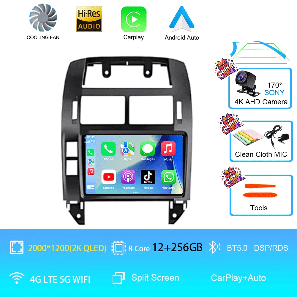 Auto radio Android 16 multimediaspeler GPS Carplay QLED scherm stereo voor Volkswagen VW Polo MK4 6Q 9N 9N3 2004-2009