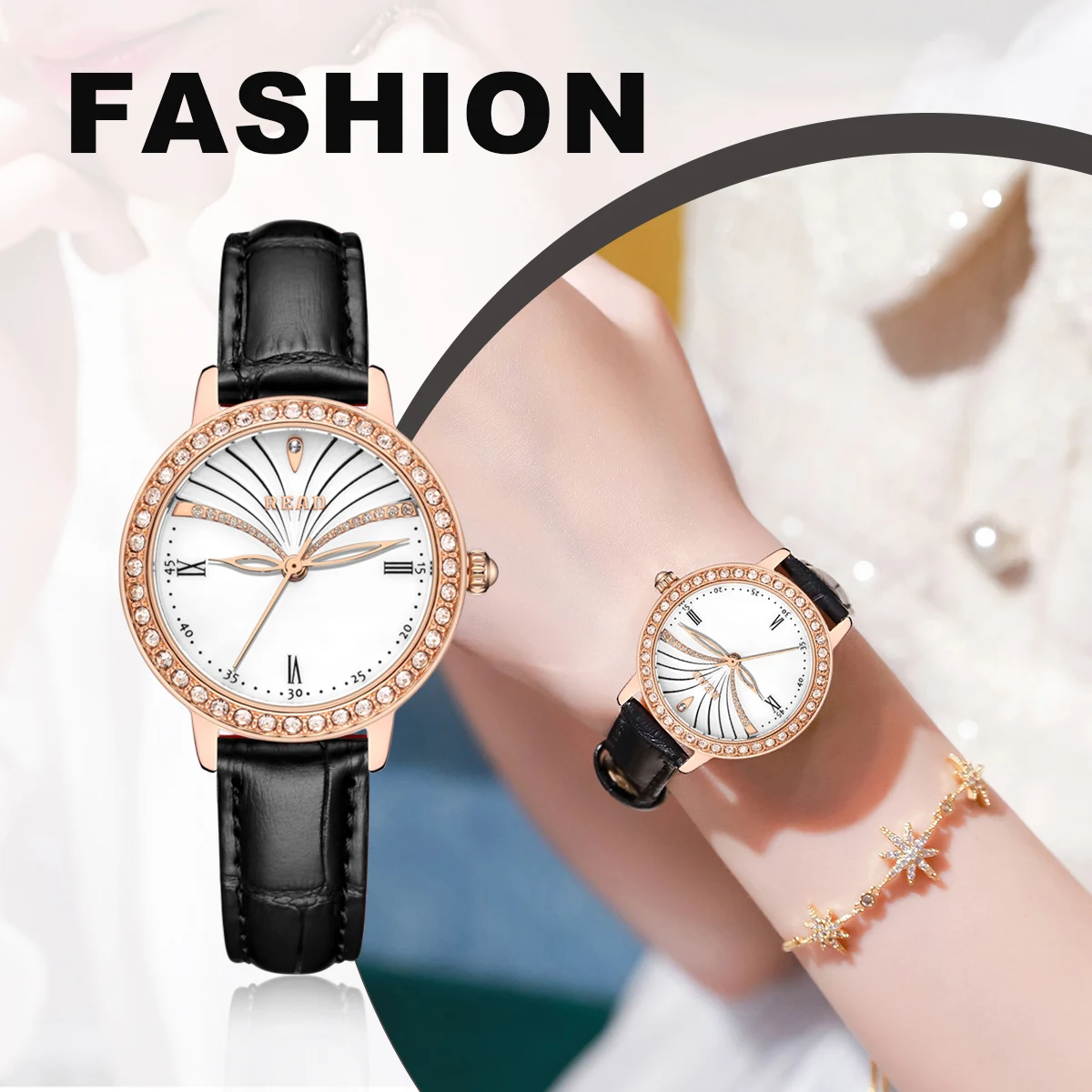 READ Slim Ladies Analog Watch | Roman Numeral Markers | Black Textured Band | Daily Water Resistant Women Dress‑up Wrist Watch
