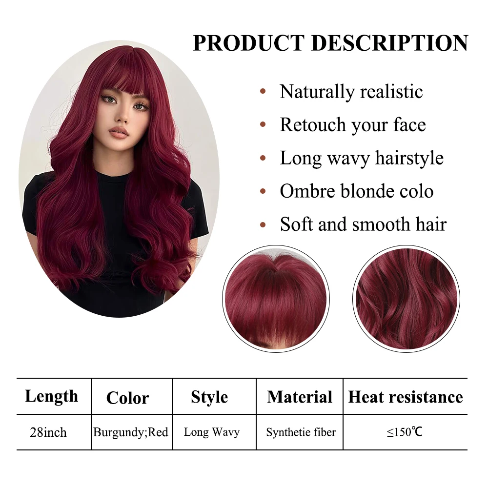 Burgundy Dark Red Synthetic Wigs Long Wavy Wine Red Cosplay Wig with Bangs for Women Natural Body Wave Halloween Heat Resistant