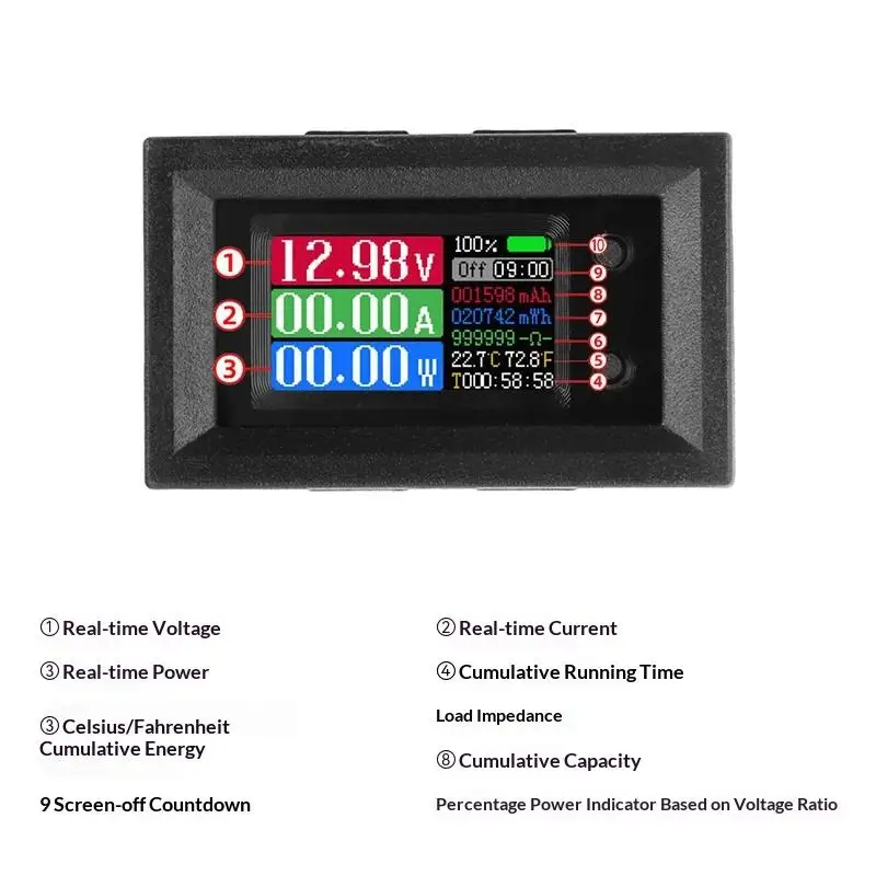 9 In 1 Voltmeter Ammeter 10A 50A 100A Multifunction Volt Current Power Energy Impedance Capacitance Battery Electricity Meter