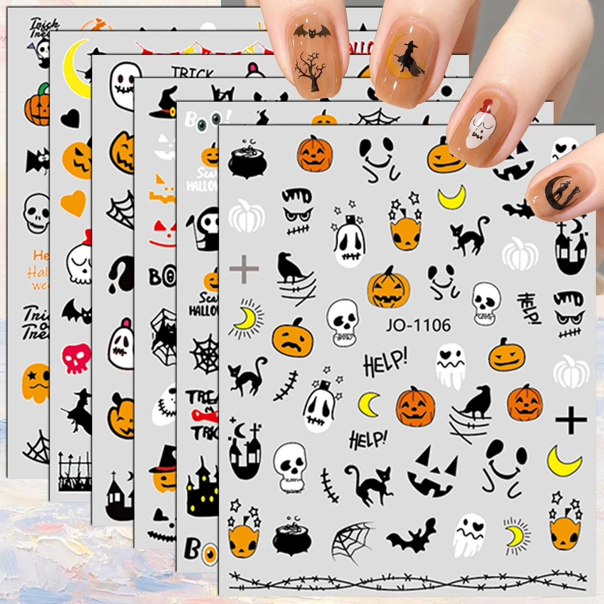 3 to 12 Sheets 3D Halloween Pumpkin Ghost Skull Bat Black Cat Spider Web Trick or Treat Self-Adhesive Nail Art Stickers