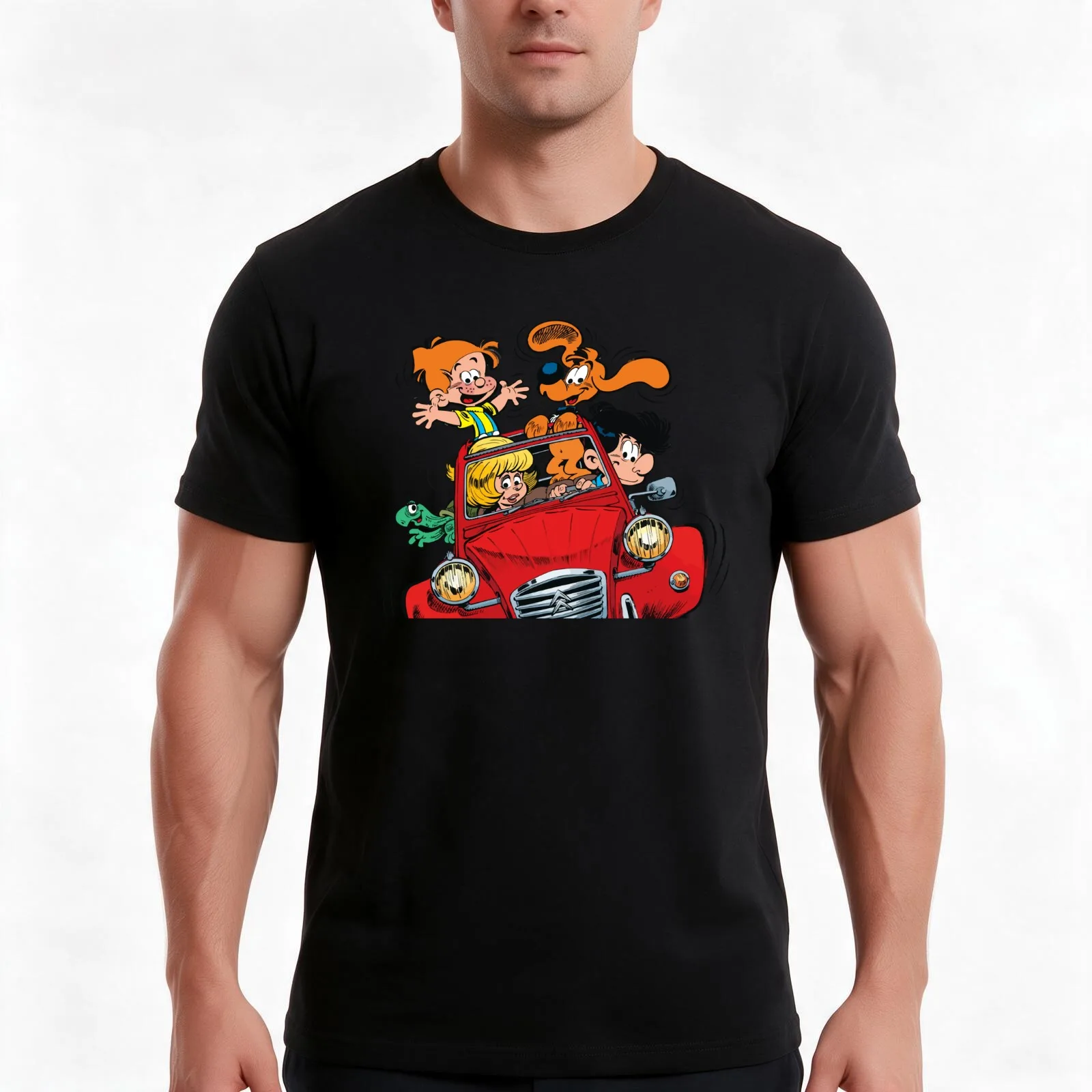 Boule et Bill (Billy and buddy) in the car T-Shirt, Summer Casual Cotton Tee, Oversized Streetwear Tops, Vintage Graphic Print