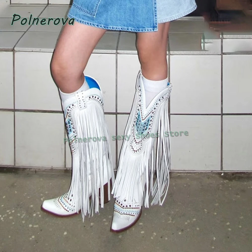 Women's White Fringe Western Cowboy Boots Embellished Studded Geometric Embroidery Mid Calf Bohemian Festival Fashion Shoes 2026
