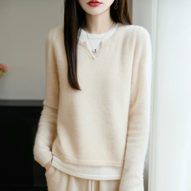 Autumn Winter New Arrival Women's Merino Wool Pullover Fake Two‑Piece Sweater Notched V‑Neck Minimalist Long Sleeve Knit Top