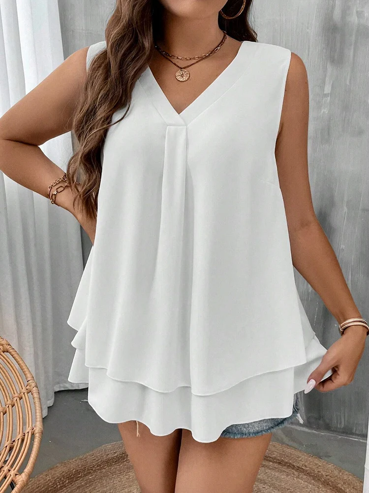 MuGen Plus Size V-Neck Blouse Sleeveless Solid Color T-Shirt Casual Vest Ruffled Blouse 2024 Fashion Loose Tops Women‘s Clothing