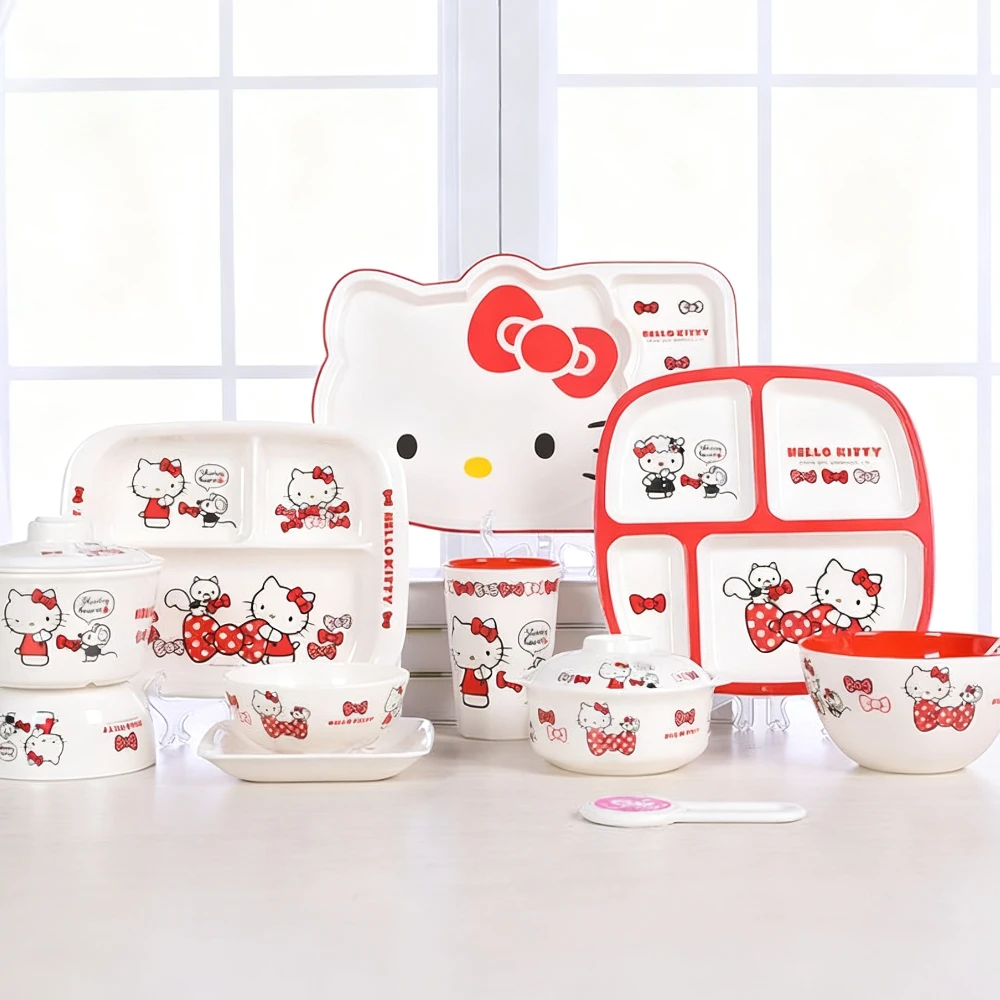 Sanrio Hello Kitty Plate Anime Student Baby Bowl Thickening Anti Scald Drop Resistant Cartoon Bowl Straw Insertable Water Cup